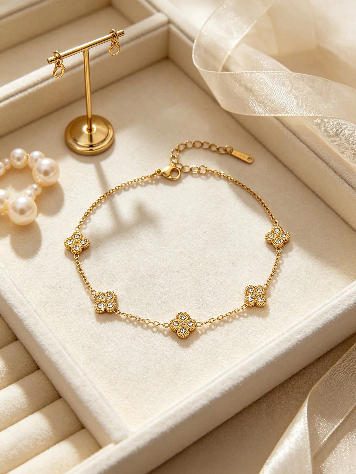 TONSI 1pc French Luxury Fashion Elegant Vacation Style 18K Gold Plated 304 Stainless Steel Double Layer Stackable Full Rhinestone Clover Adjustable Ankle Chain, Women's Summer Beach Outfit Exquisite A