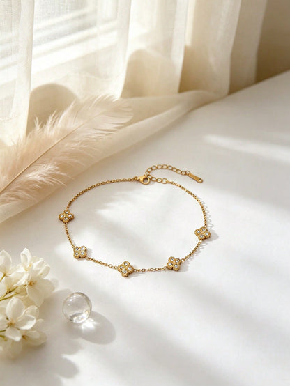 TONSI 1pc French Luxury Fashion Elegant Vacation Style 18K Gold Plated 304 Stainless Steel Double Layer Stackable Full Rhinestone Clover Adjustable Ankle Chain, Women's Summer Beach Outfit Exquisite A