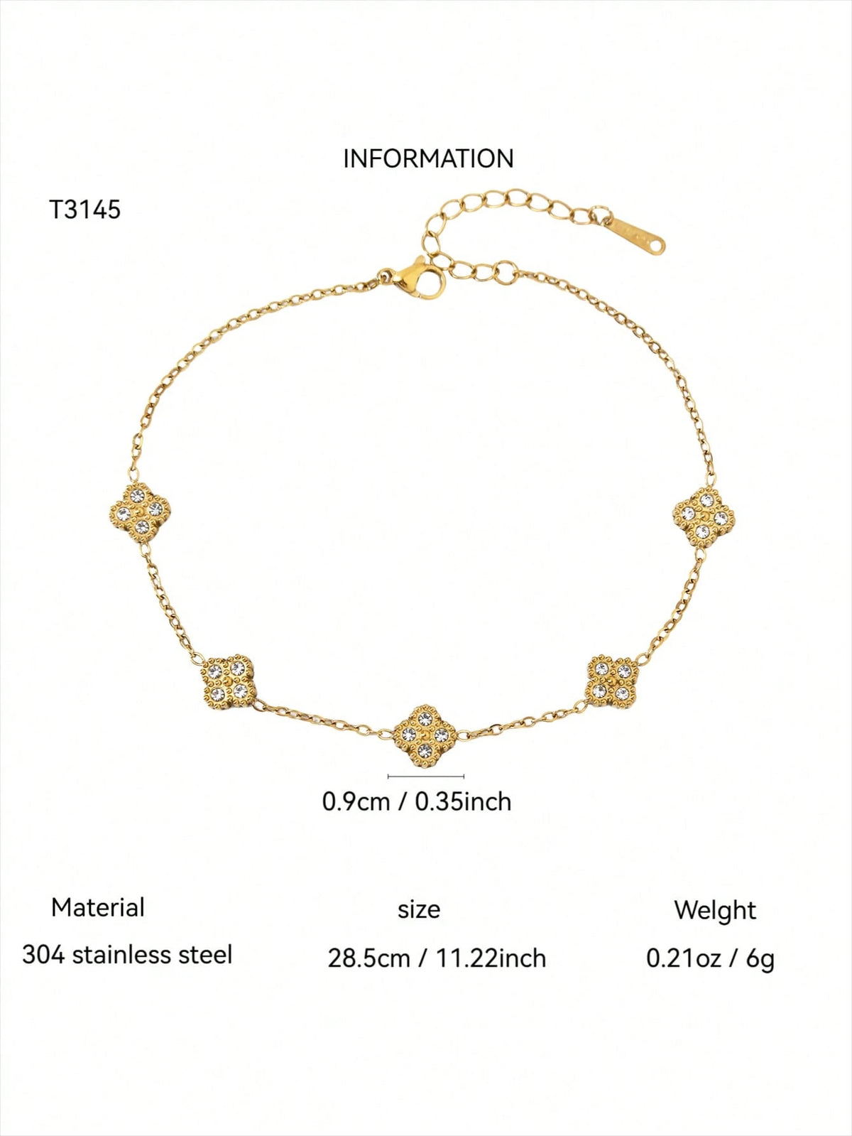 TONSI 1pc French Luxury Fashion Elegant Vacation Style 18K Gold Plated 304 Stainless Steel Double Layer Stackable Full Rhinestone Clover Adjustable Ankle Chain, Women's Summer Beach Outfit Exquisite A