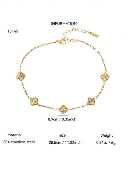 TONSI 1pc French Luxury Fashion Elegant Vacation Style 18K Gold Plated 304 Stainless Steel Double Layer Stackable Full Rhinestone Clover Adjustable Ankle Chain, Women's Summer Beach Outfit Exquisite A