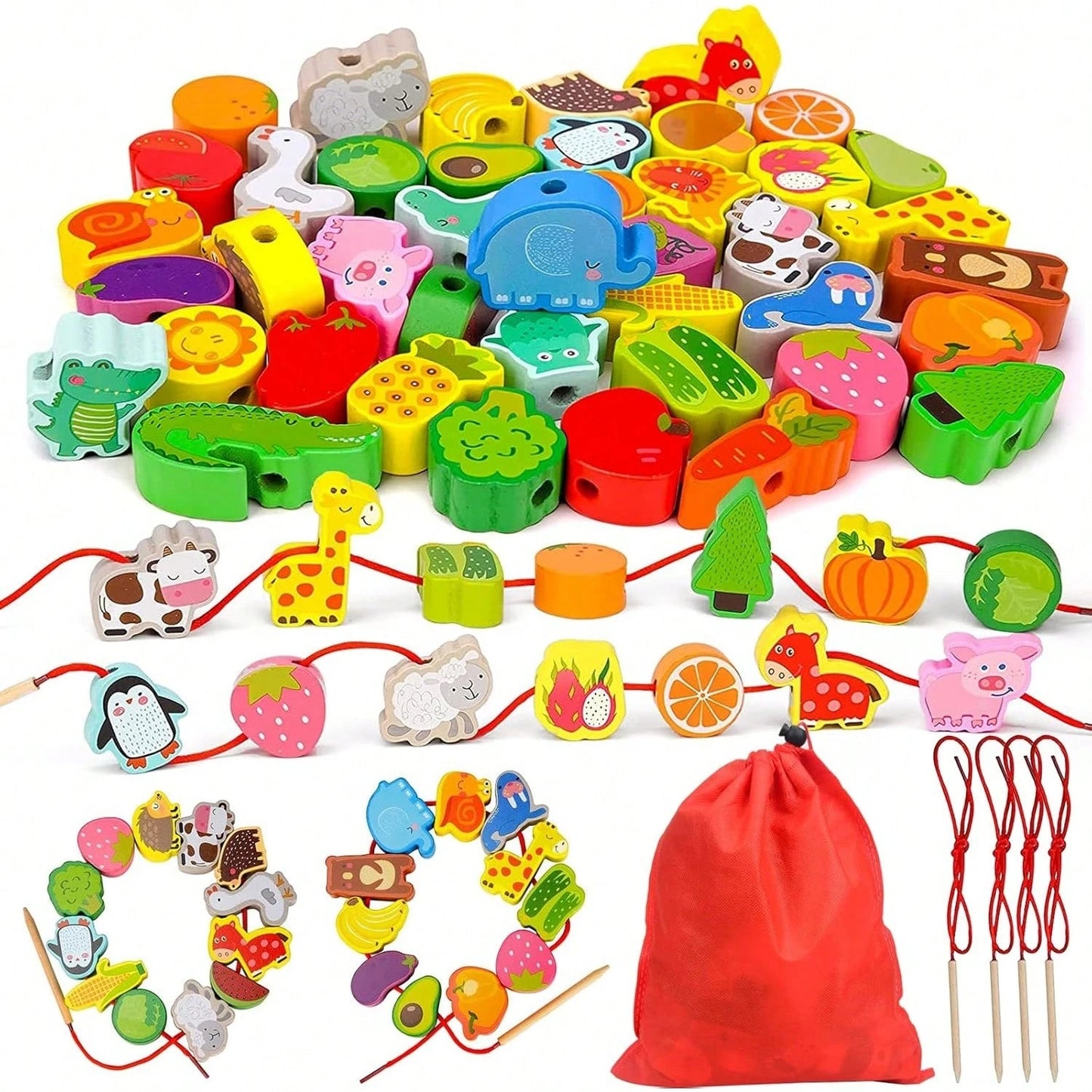 Toys For 1 2 3 Year Olds,Threading Toys For Toddlers Animals Fruits Vegetables String Lacing Beads Wooden Montessori Educational Toys Gifts
