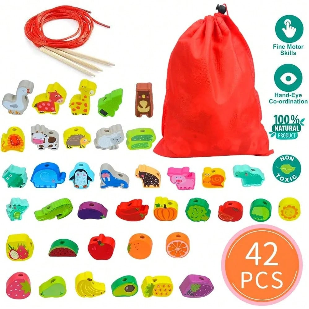 Toys For 1 2 3 Year Olds,Threading Toys For Toddlers Animals Fruits Vegetables String Lacing Beads Wooden Montessori Educational Toys Gifts