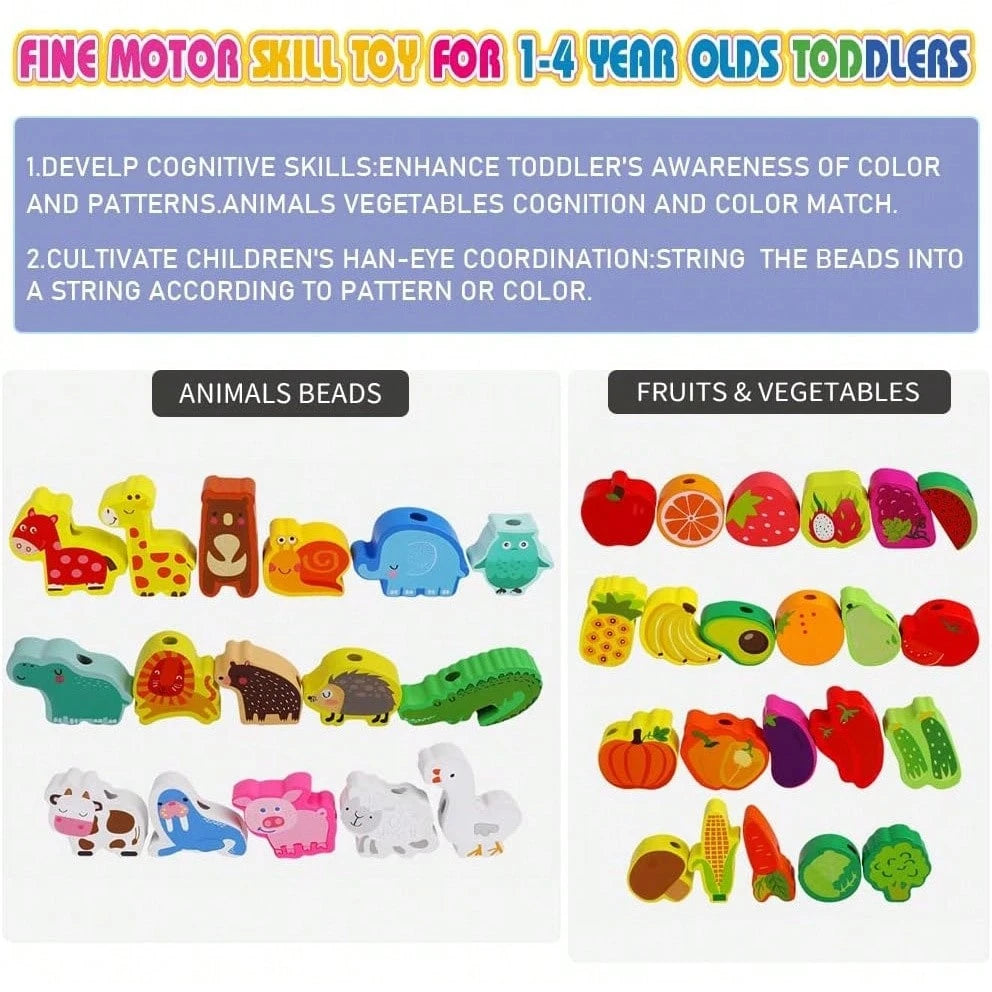 Toys For 1 2 3 Year Olds,Threading Toys For Toddlers Animals Fruits Vegetables String Lacing Beads Wooden Montessori Educational Toys Gifts