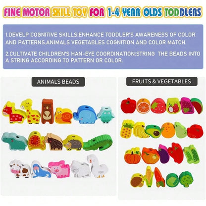 Toys For 1 2 3 Year Olds,Threading Toys For Toddlers Animals Fruits Vegetables String Lacing Beads Wooden Montessori Educational Toys Gifts