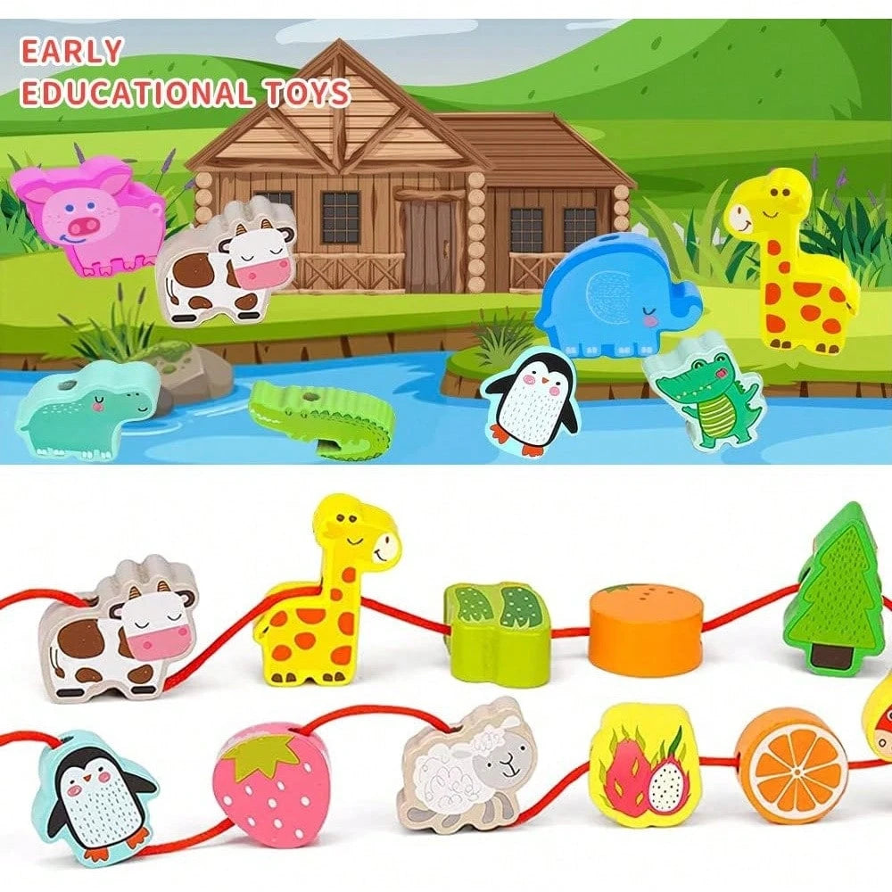 Toys For 1 2 3 Year Olds,Threading Toys For Toddlers Animals Fruits Vegetables String Lacing Beads Wooden Montessori Educational Toys Gifts