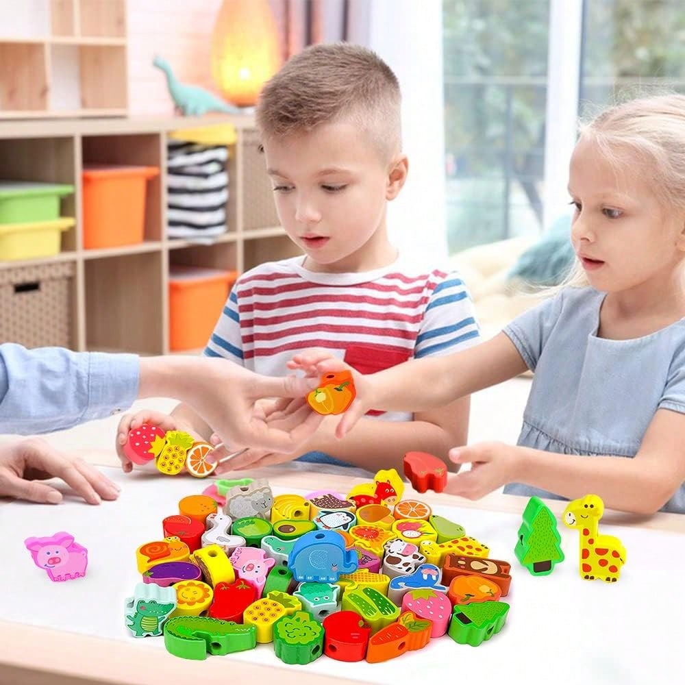 Toys For 1 2 3 Year Olds,Threading Toys For Toddlers Animals Fruits Vegetables String Lacing Beads Wooden Montessori Educational Toys Gifts