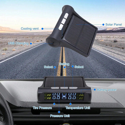 TPMS Solar Tire Pressure Sensor Car Tire Pressure Monitoring System With 4 Wheel Internal External Sensors TMPS