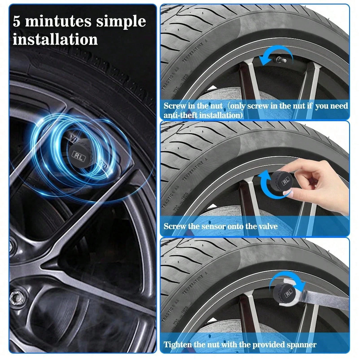 TPMS Solar Tire Pressure Sensor Car Tire Pressure Monitoring System With 4 Wheel Internal External Sensors TMPS