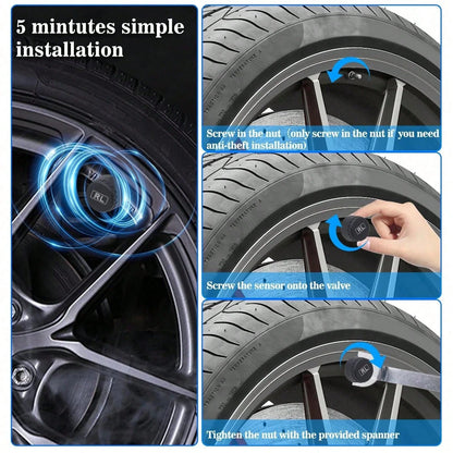 TPMS Solar Tire Pressure Sensor Car Tire Pressure Monitoring System With 4 Wheel Internal External Sensors TMPS
