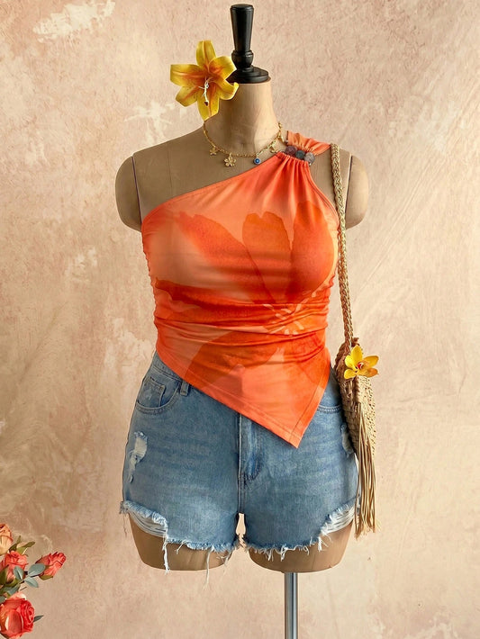 Travachic Plus Size Women's Vacation Floral Print One Shoulder Sleeveless Asymmetrical Hem Top Beach Vacation Burnt Orange Summer Filipiniana