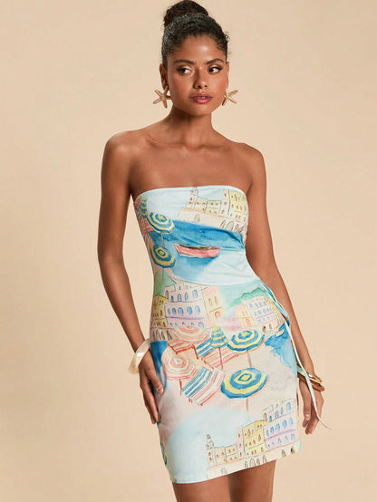 Travachic Women's Cartoon Print Ruched Casual Vacation Summer Dress,Bohemia,Werstern,Tropical Parrot Pattern,Suitable For Outfits,Summer Dresses Women,Beach