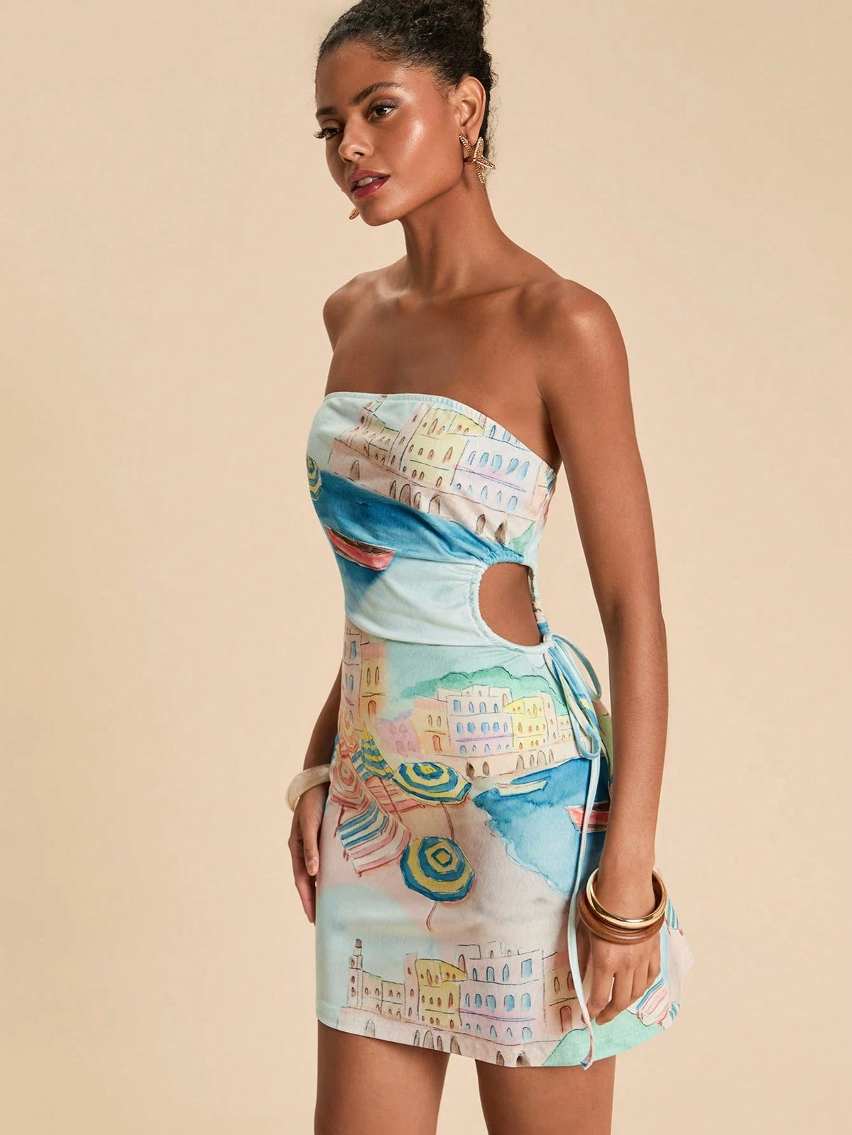 Travachic Women's Cartoon Print Ruched Casual Vacation Summer Dress,Bohemia,Werstern,Tropical Parrot Pattern,Suitable For Outfits,Summer Dresses Women,Beach