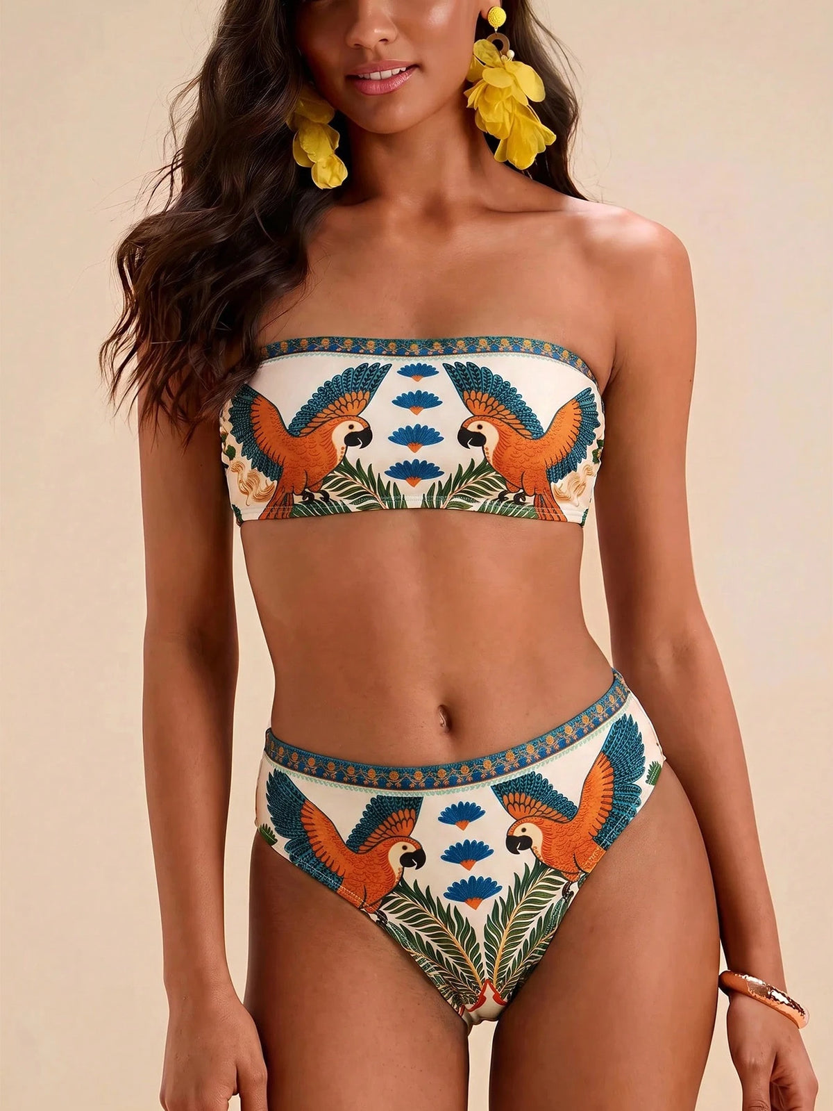 Travachic Women's Summer Beach All-Over Print Strapless Bikini Top And Triangle Bottom Two-Piece Swimsuit Set