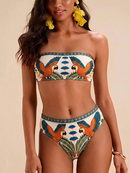 Travachic Women's Summer Beach All-Over Print Strapless Bikini Top And Triangle Bottom Two-Piece Swimsuit Set