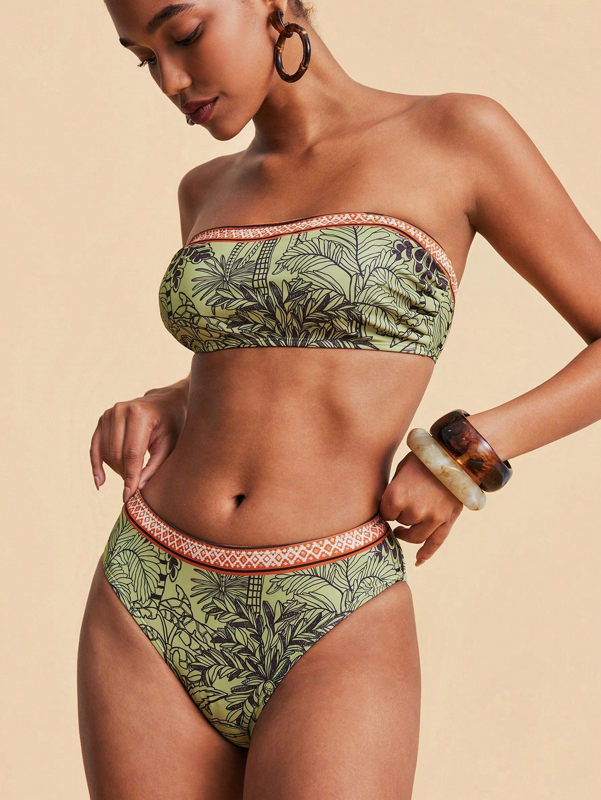 Travachic Women's Summer Beach All-Over Print Strapless Bikini Top And Triangle Bottom Two-Piece Swimsuit Set