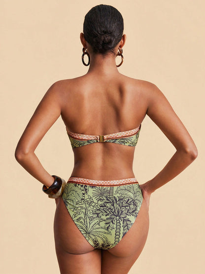 Travachic Women's Summer Beach All-Over Print Strapless Bikini Top And Triangle Bottom Two-Piece Swimsuit Set
