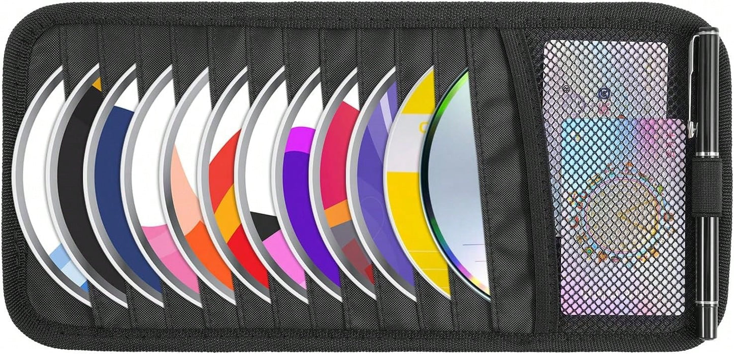 Trinkrittey Black Car CD Case Holder DVD Vehicle Visor Storage Orangizer Large Capacity CD Visor Case With 12 DVD Storage Sleeves 1 Mesh Pocket 1 Pen