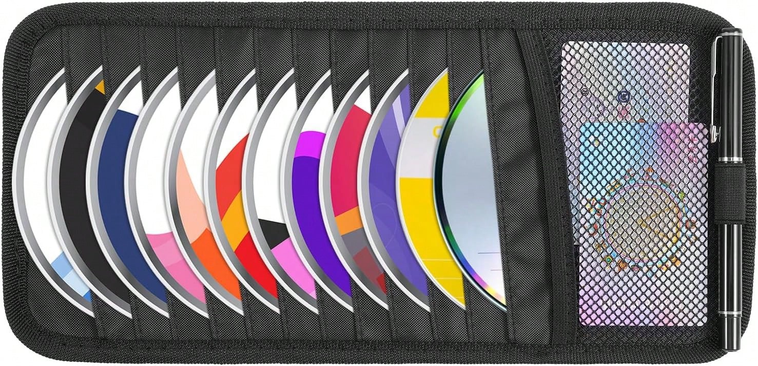 Trinkrittey Black Car CD Case Holder DVD Vehicle Visor Storage Orangizer Large Capacity CD Visor Case With 12 DVD Storage Sleeves 1 Mesh Pocket 1 Pen