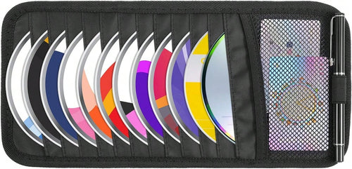 Trinkrittey Black Car CD Case Holder DVD Vehicle Visor Storage Orangizer Large Capacity CD Visor Case With 12 DVD Storage Sleeves 1 Mesh Pocket 1 Pen