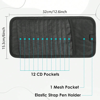 Trinkrittey Black Car CD Case Holder DVD Vehicle Visor Storage Orangizer Large Capacity CD Visor Case With 12 DVD Storage Sleeves 1 Mesh Pocket 1 Pen