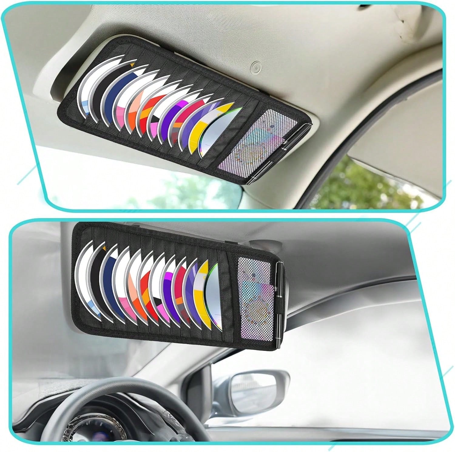 Trinkrittey Black Car CD Case Holder DVD Vehicle Visor Storage Orangizer Large Capacity CD Visor Case With 12 DVD Storage Sleeves 1 Mesh Pocket 1 Pen