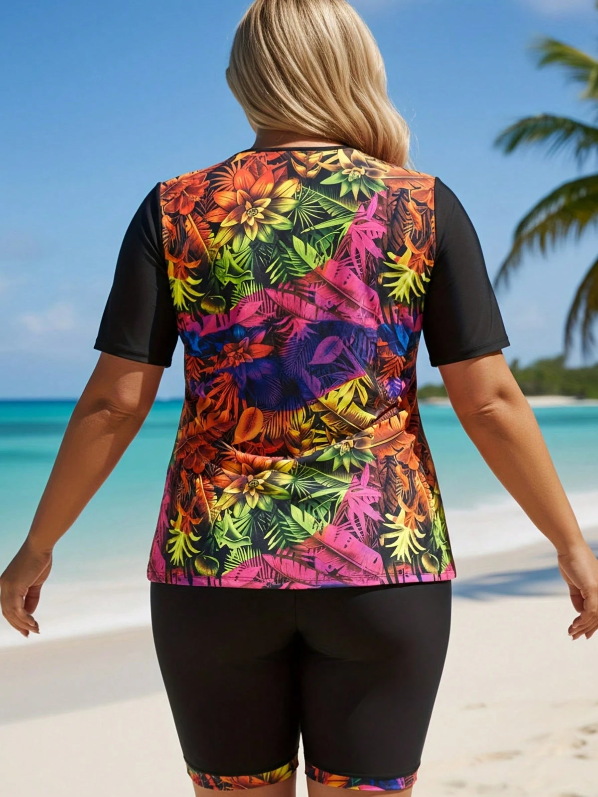 Tropical Floral Print Plus Size Bathing Suits, Round Neck Short Sleeve Swim Top And Matching Shorts, Two-Piece Swimsuits For Curvy Women