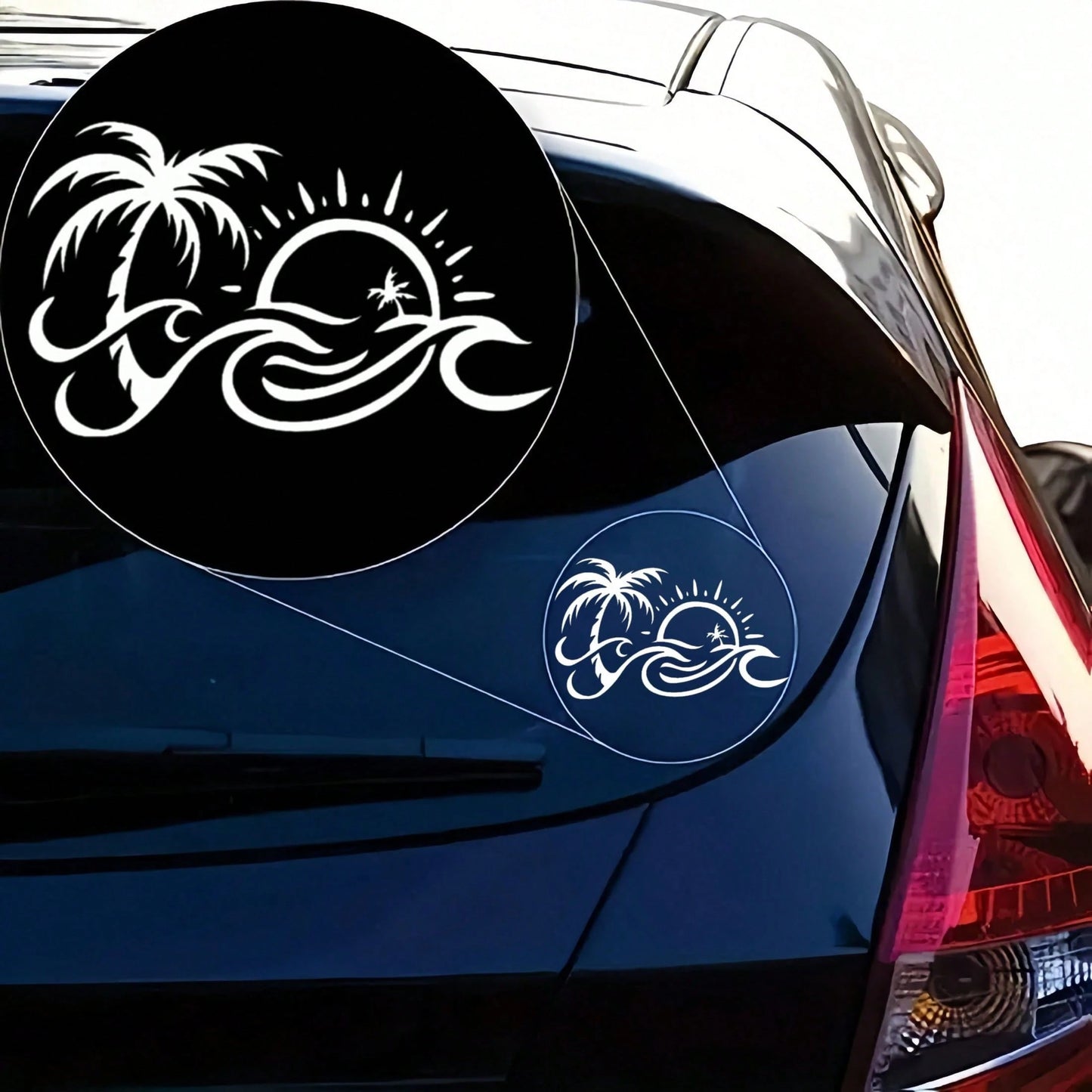 Tropical Palm Tree Ocean Sunset Graphic Car Sticker, Beach Scenery Vehicle Window Decal, Self-Adhesive Waterproof Auto Exterior Decor Accessory