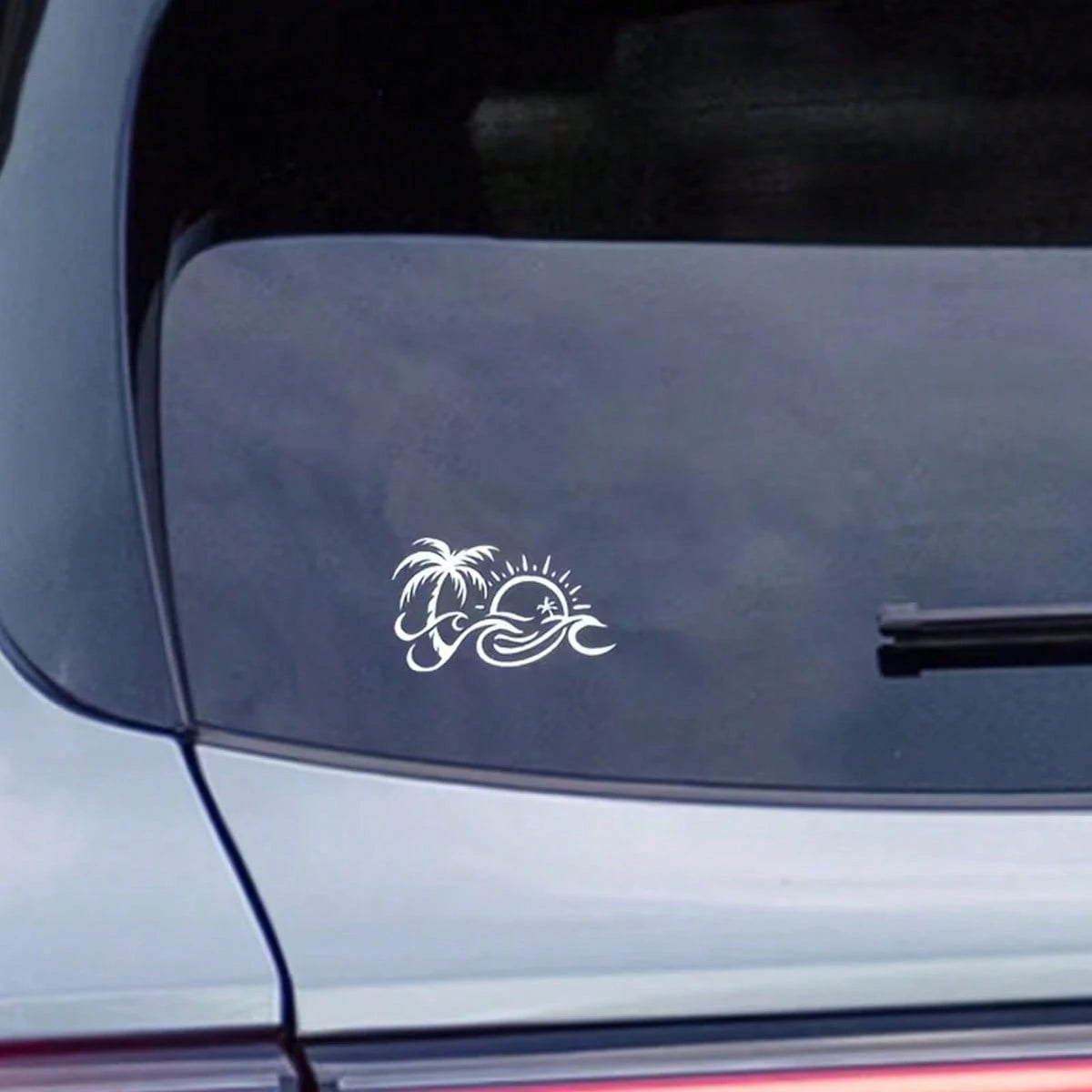 Tropical Palm Tree Ocean Sunset Graphic Car Sticker, Beach Scenery Vehicle Window Decal, Self-Adhesive Waterproof Auto Exterior Decor Accessory