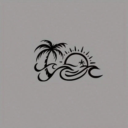 Tropical Palm Tree Ocean Sunset Graphic Car Sticker, Beach Scenery Vehicle Window Decal, Self-Adhesive Waterproof Auto Exterior Decor Accessory