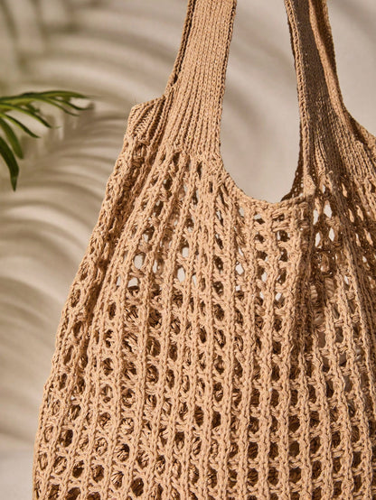 Tropiscape Lightweight Leisure Hollow Out Woven Shopping Crochet Bag For Women, Large Capacity Tote Bags For Travel, Outdoor And School. Multifunctional Kitchen Storage Mesh Bag For Beach Vacation Or