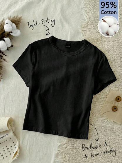 Tseoso 1pc Solid Black 95% Cotton Form Fitted T-Shirt
