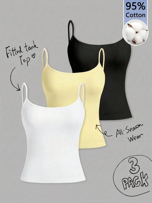 Tseoso 3pcs/Set All Black White Camisole Crop Top, Casual Tight Fit, Suitable For Summer,Summer Top Homewear Everyday