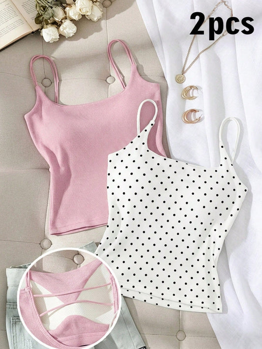 Tseoso Women's 2-Pack Ribbed Camisole Tops With Built-In Padded Bra,Cute White With Black Polka Dots & Pink,Everyday Casual Summer Tank Tops,Soft Cozy Styles