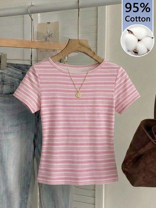Tseoso Women's 95% Cotton Retro Pink/White Striped Short-Sleeve Tee- Summer Streetwear, Soft Girl, Home