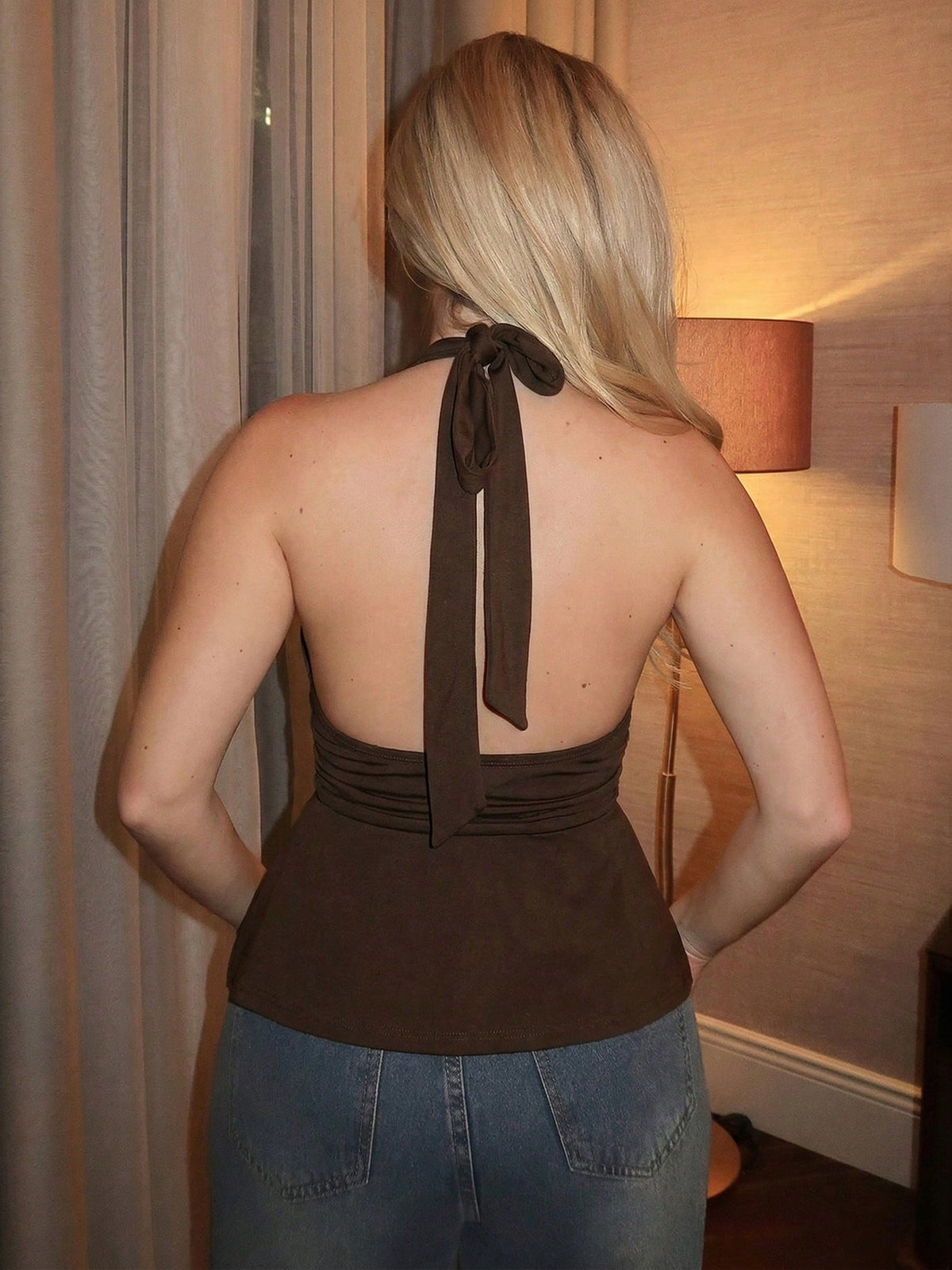 Turnttoni Y2k Women's Going Out Boho Brown Halter Backless Babydoll Tank Top Spring To Summer
