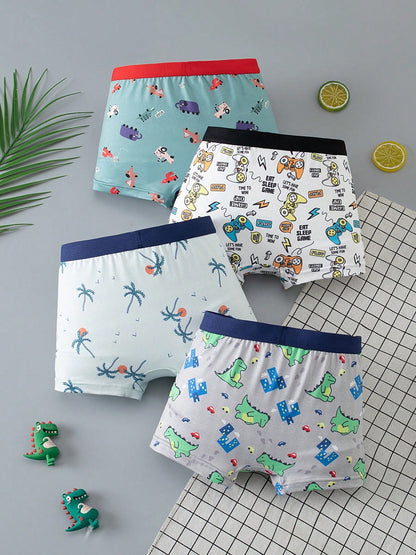 Tween Boy Cartoon Print Cute Comfortable 4-Pack Boxer Briefs