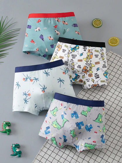 Tween Boy Cartoon Print Cute Comfortable 4-Pack Boxer Briefs