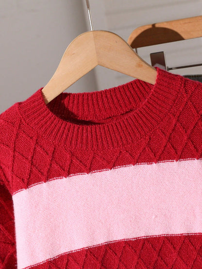 Tween Girl Autumn/Winter Casual Colorblock Patchwork Sweater