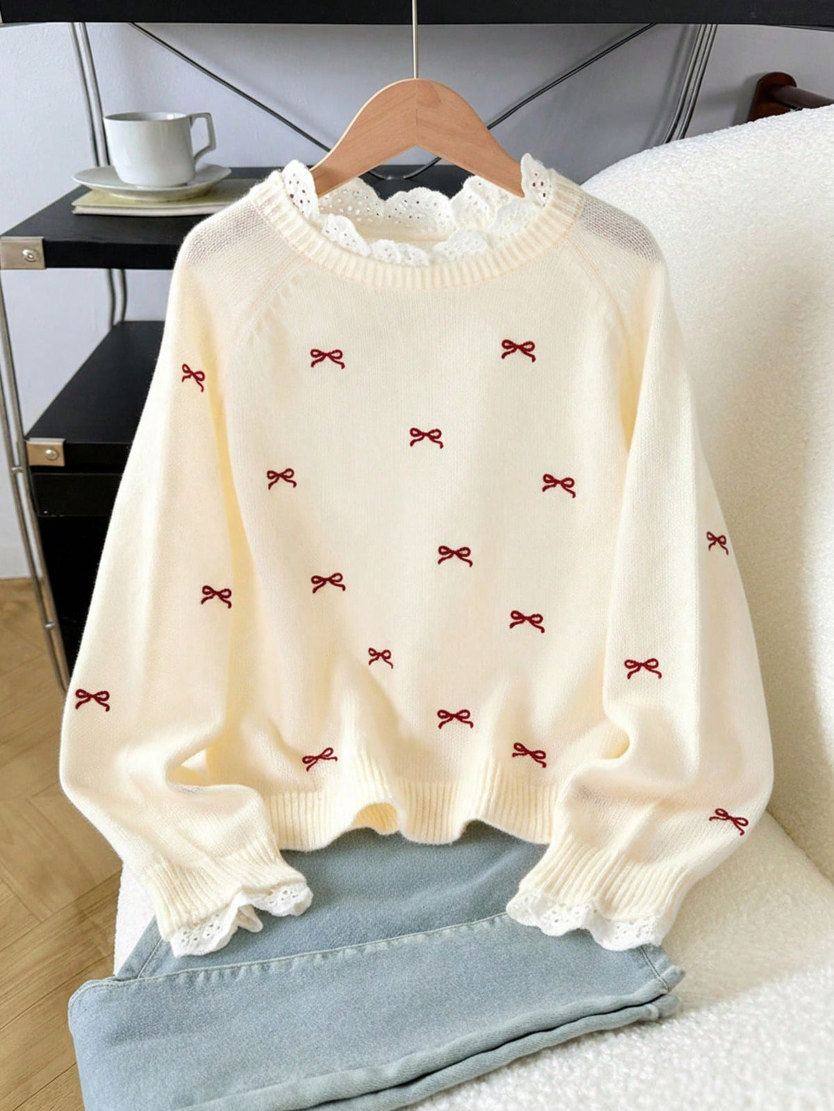 Tween Girl Casual Pullover Sweater,Elegant Embroidered Lace Trim Heart Embroidery Loose Raglan Sleeve Red White,Autumn,Cute,Holiday,Back-To-School