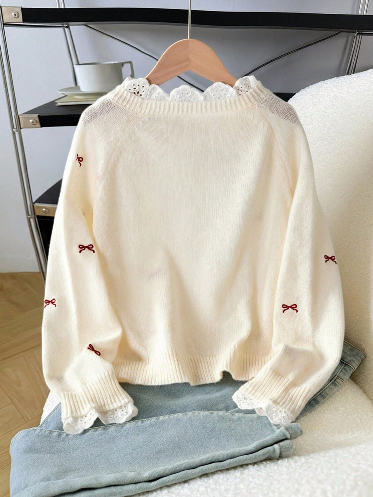 Tween Girl Casual Pullover Sweater,Elegant Embroidered Lace Trim Heart Embroidery Loose Raglan Sleeve Red White,Autumn,Cute,Holiday,Back-To-School
