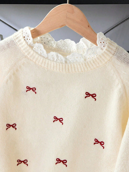 Tween Girl Casual Pullover Sweater,Elegant Embroidered Lace Trim Heart Embroidery Loose Raglan Sleeve Red White,Autumn,Cute,Holiday,Back-To-School