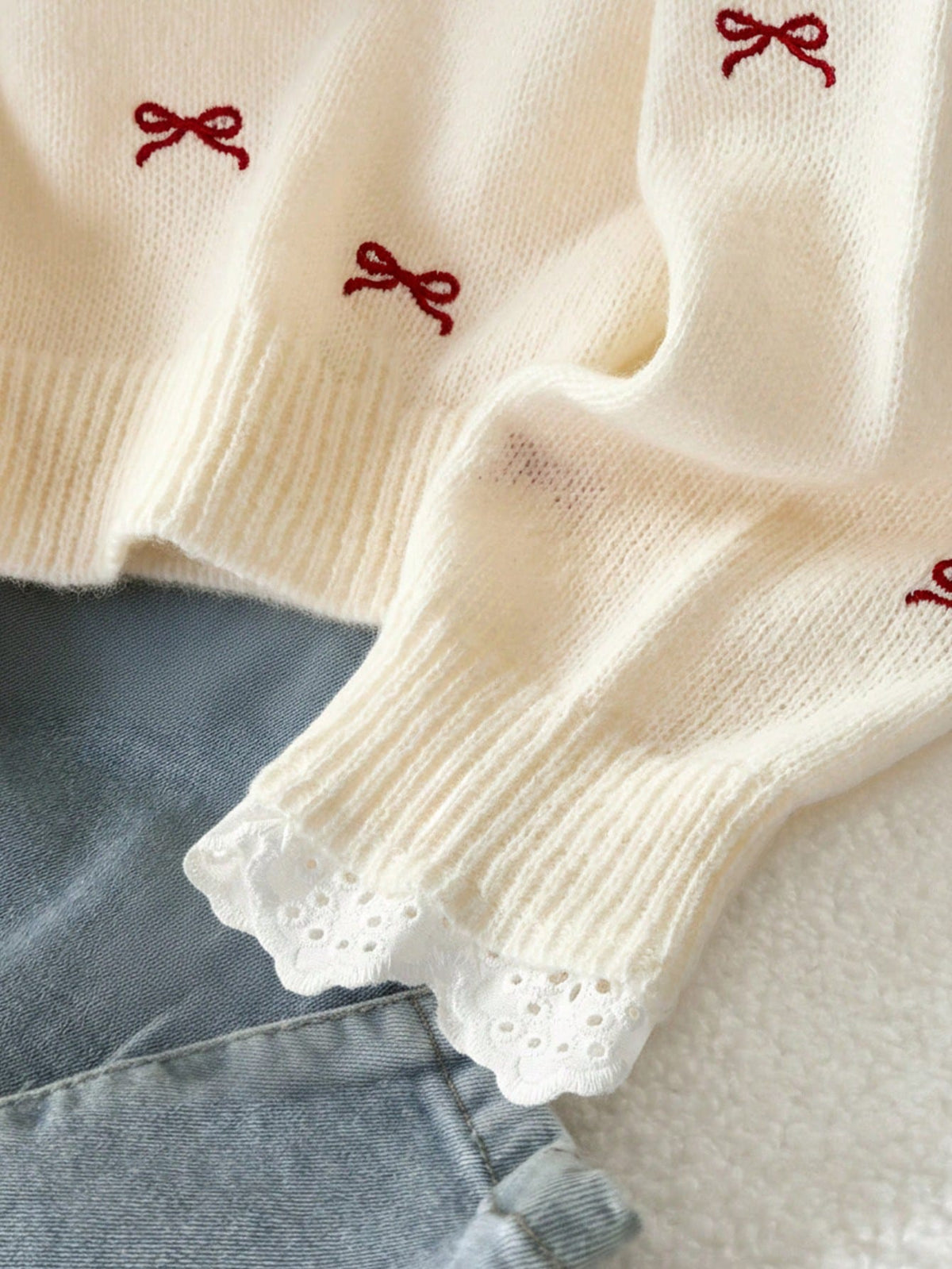 Tween Girl Casual Pullover Sweater,Elegant Embroidered Lace Trim Heart Embroidery Loose Raglan Sleeve Red White,Autumn,Cute,Holiday,Back-To-School