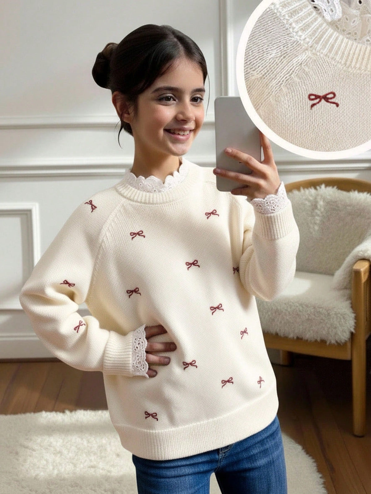 Tween Girl Casual Pullover Sweater,Elegant Embroidered Lace Trim Heart Embroidery Loose Raglan Sleeve Red White,Autumn,Cute,Holiday,Back-To-School