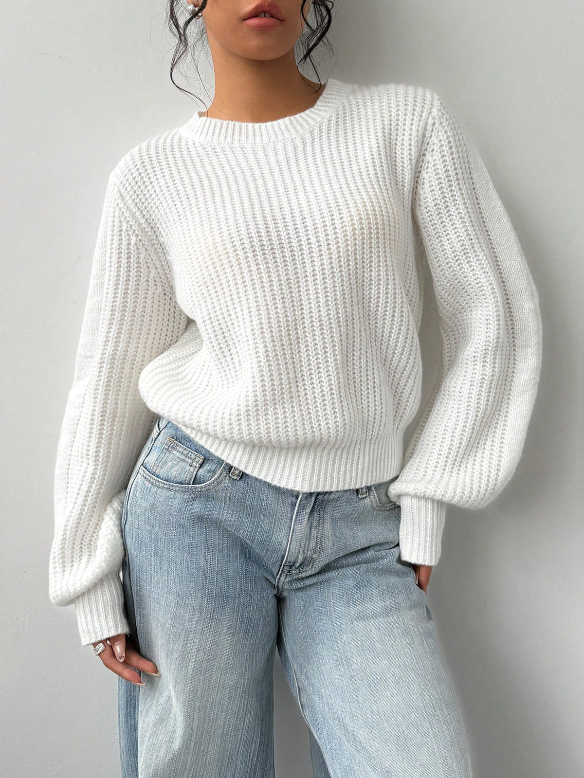 Tween Girl Casual Solid White Color Round Neck Long Sleeve Knitted Sweater, Autumn/Winter, Chic Insulation Knit For Tween Girl Textured Sweaters Knitwear