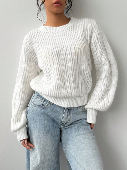 Tween Girl Casual Solid White Color Round Neck Long Sleeve Knitted Sweater, Autumn/Winter, Chic Insulation Knit For Tween Girl Textured Sweaters Knitwear
