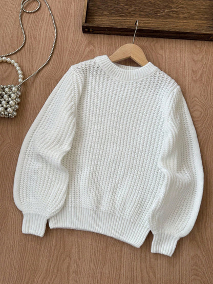 Tween Girl Casual Solid White Color Round Neck Long Sleeve Knitted Sweater, Autumn/Winter, Chic Insulation Knit For Tween Girl Textured Sweaters Knitwear