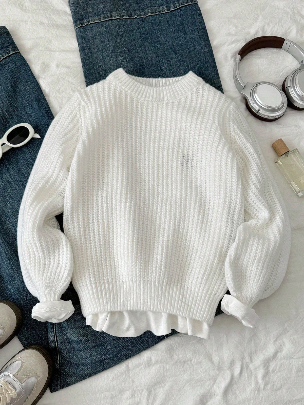 Tween Girl Casual Solid White Color Round Neck Long Sleeve Knitted Sweater, Autumn/Winter, Chic Insulation Knit For Tween Girl Textured Sweaters Knitwear