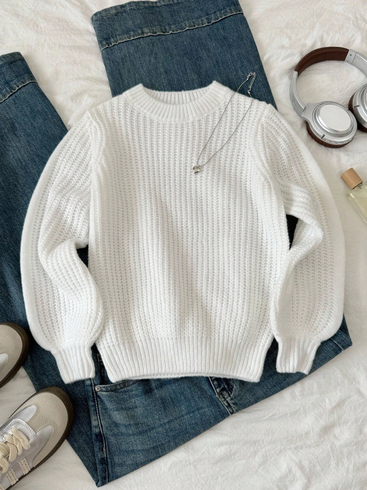 Tween Girl Casual Solid White Color Round Neck Long Sleeve Knitted Sweater, Autumn/Winter, Chic Insulation Knit For Tween Girl Textured Sweaters Knitwear