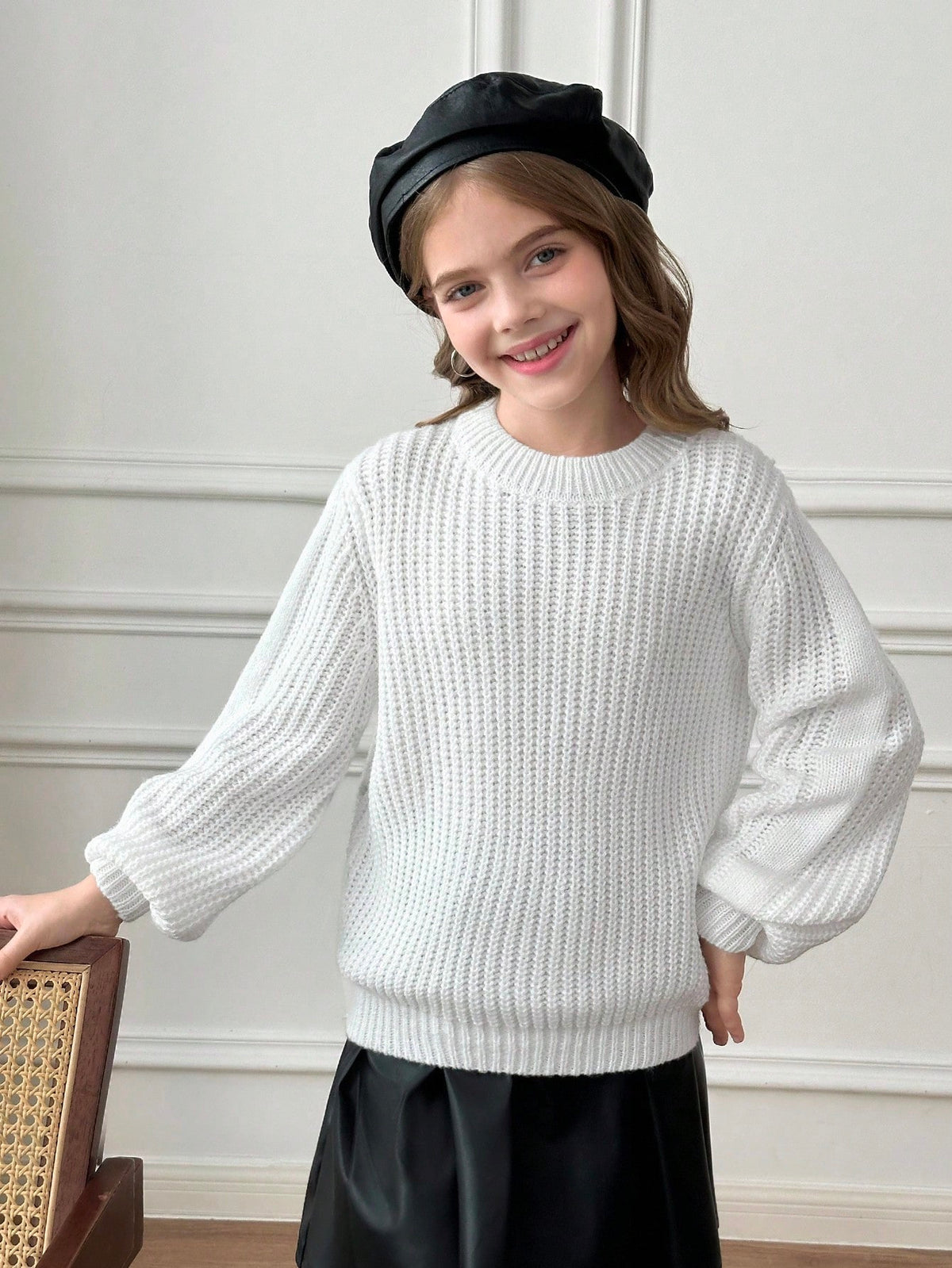 Tween Girl Casual Solid White Color Round Neck Long Sleeve Knitted Sweater, Autumn/Winter, Chic Insulation Knit For Tween Girl Textured Sweaters Knitwear