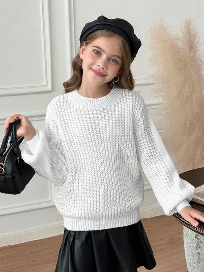 Tween Girl Casual Solid White Color Round Neck Long Sleeve Knitted Sweater, Autumn/Winter, Chic Insulation Knit For Tween Girl Textured Sweaters Knitwear